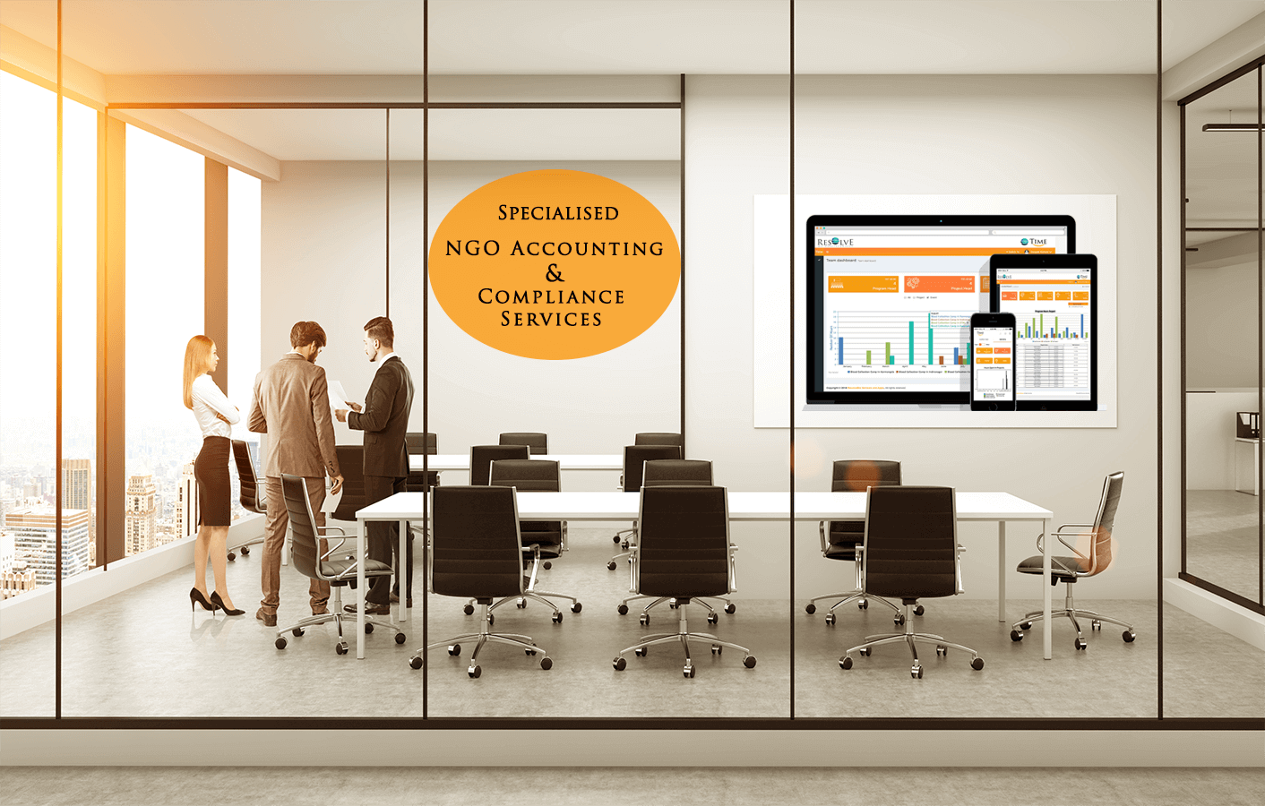 NGO Accounting and Compliance Services - Modern office environment with business professionals and digital dashboards